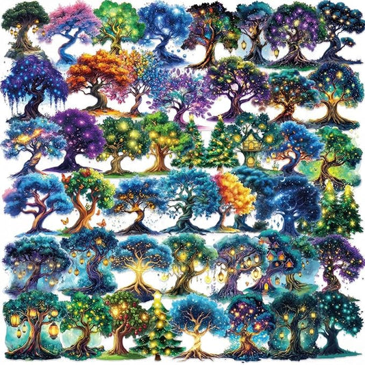 50 Pcs Magic Tree Stickers, Transparent PET Waterproof Decals, Cartoon Aesthetic Stickers for Water Bottles, Laptops, Scrapbooks, Journals, Planners - DIY Craft Supplies Gift