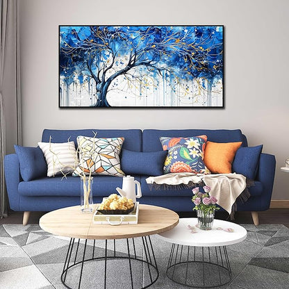 Tree Theme Pictures for Wall Decor - Blue Living Room Wall Art - Large Black Framed Wall Art Size 29" x 59"