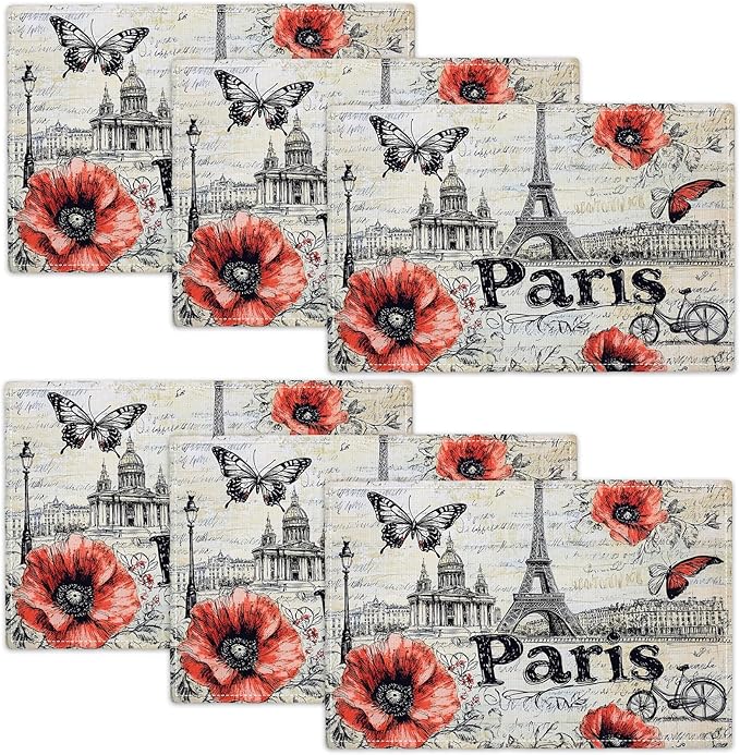 Paris Placemats Set of 6, French Eiffel Tower Place Mats, Poppies Dining Table Mats, Retro Washable Placemats for Kitchen Dining Room Home Decor 18L'' × 12W''