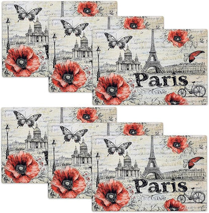 Paris Placemats Set of 6, French Eiffel Tower Place Mats, Poppies Dining Table Mats, Retro Washable Placemats for Kitchen Dining Room Home Decor 18L'' × 12W''