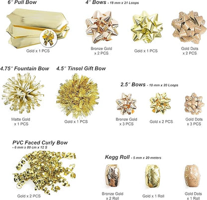 CT CRAFT LLC Gift Bows 22 PCS Set Multi Colored Assorted - Bow x 18 pcs + Kegg Roll x 4 pcs - Gold/Bronze Gold, Holiday Christmas Birthday Party Wrapping