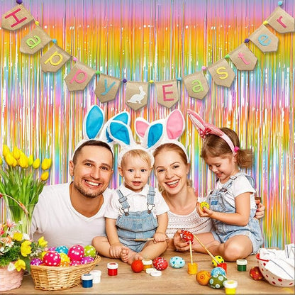 Melsan 2 Pack 3.2 ft x 8.2 ft Pastel Tinsel Foil Fringe Curtains Backdrop, Metallic Rainbow Foil Curtains for Easter Party Decorations Party Photo Booth Props Decoration (Rainbow)