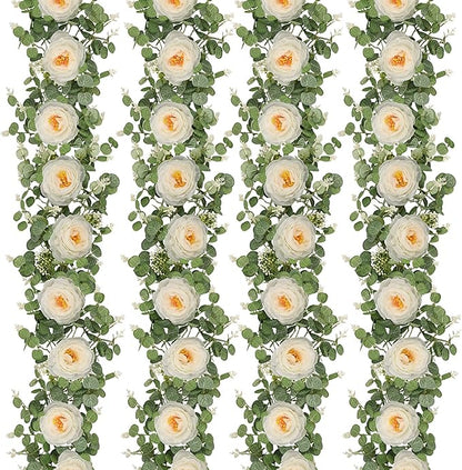 Dolicer 4Pcs 26Ft Artificial Eucalyptus Garlands with Flowers, Faux Floral Greenery Garlands Fake Flowers Vines for Wedding Table Centerpieces Arch Party Ceremony Backdrop Decor (White)