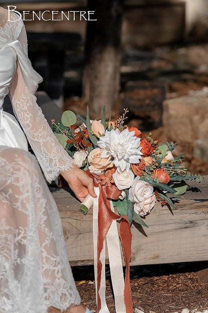14 Inch Terracotta Bridal Bouquet, Fall Wedding, Bride Bouquets for Ceremony & Anniversary, French Rustic Vintage Style, Artificial Flowers