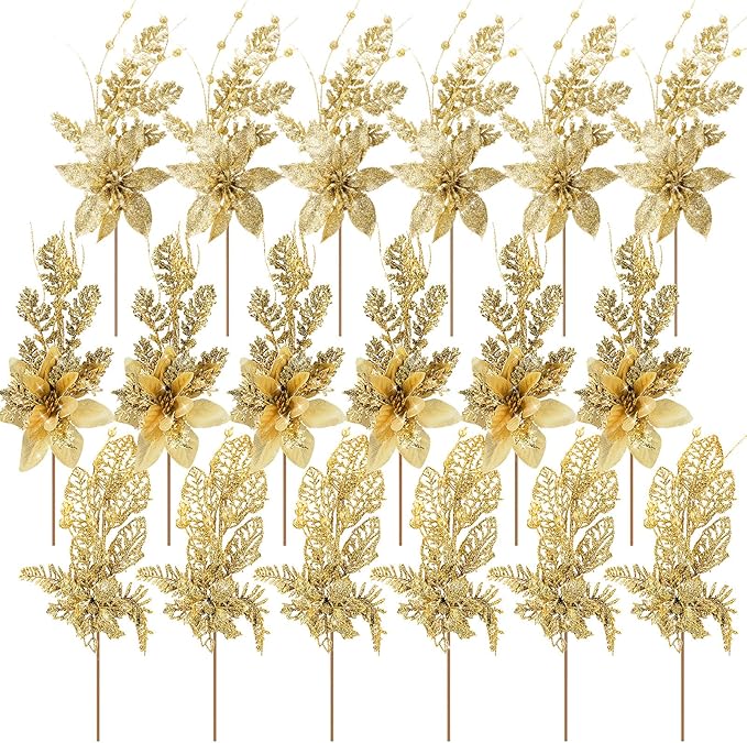 18 Pack 3 Styles 17 Inch Christmas Glitter Poinsettia Berry Stems Ornaments Artificial Floral Branches Picks for Christmas Tree Home Vase Holiday Party Decor(Gold)