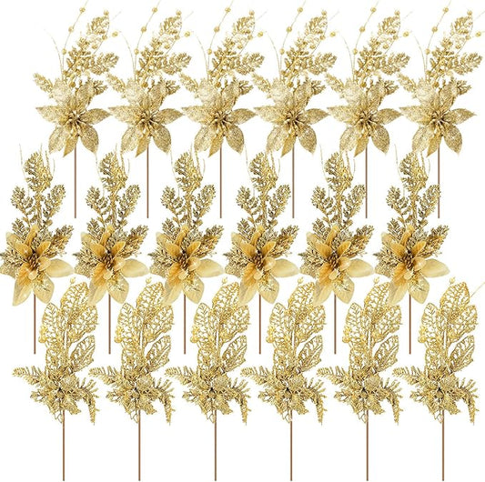 18 Pack 3 Styles 17 Inch Christmas Glitter Poinsettia Berry Stems Ornaments Artificial Floral Branches Picks for Christmas Tree Home Vase Holiday Party Decor(Gold)