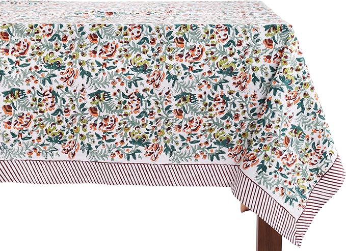 ATOSII Ambrosia Green 100% Cotton Square Fall Tablecloth, Handblock Floral Print Linen Table Cloth for Kitchen Dining I Weddings, Outdoors, Christmas, Thanksgiving Fall Decor 60 X 60 Inches I 4 Seater