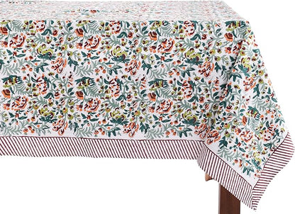 ATOSII Ambrosia Green 100% Cotton Square Fall Tablecloth, Handblock Floral Print Linen Table Cloth for Kitchen Dining I Weddings, Outdoors, Christmas, Thanksgiving Fall Decor 60 X 60 Inches I 4 Seater