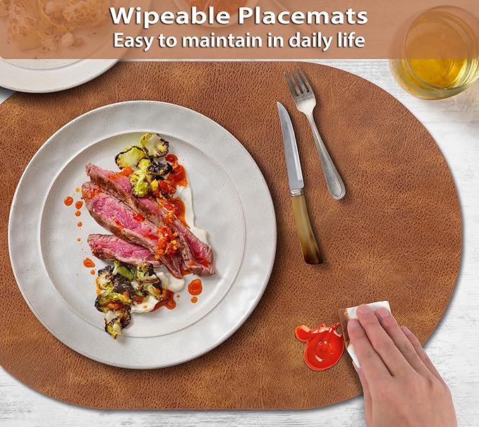 ADRIMER Placemats, Heat Resistant Oval Placemats Set of 4 Washable 12 x 17 Inch, Waterproof Table Mats, Wipeable Pu Place Mats for Kitchen, Dining Room, Turmeric Brown