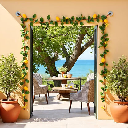 2PCS Artificial Lemon Garland (12Ft Total), Faux Fruit Vine with Greenery for Wedding Party, Wall Mantle Table Decor, Spring Summer Kitchen Door Decoration