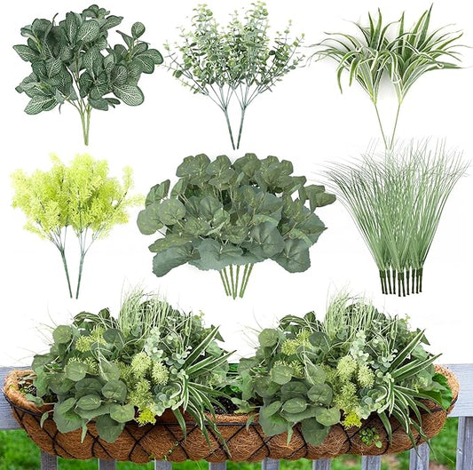 24Pcs Artificial Outdoor Plants UV Resistant Fake Plastic Greenery Boxwood Eucalyptus Spring Onion Grass for Outside Yard Front Porch Patio Window Box Planter Hanging Basket Decor (Grey Green)