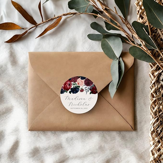 Personalized Floral Wedding Stickers with Your Choice of 30 Flower Styles - Choose Font and One of Five Pre-made Phrases or Add Custom Text (019 - Navy, Red, and Pink Flowers)