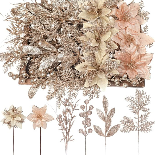60 Pcs Christmas Glitter Branches 6 Styles Artificial Christmas Picks Berries Stems Poinsettia Flowers Pine Needles Floral Twig Spray for Xmas Tree Ornaments DIY Wreath Garland(Champagne)