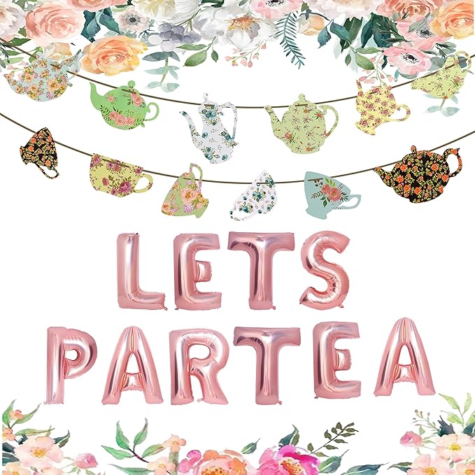 Let's Par Tea Decorations Tea Party Balloons Banner LET'S Par-Tea Foil Balloon Floral Teapots Teacups Balloons Banner Teacup banner for Birthday Baby Shower Wedding Party Supplies