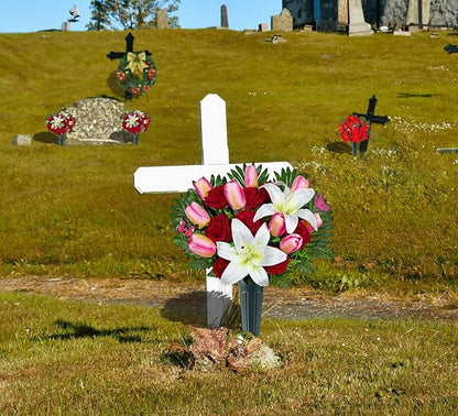 SUHOOKOO Artificial Cemetery Flowers for Outdoor Grave Decorations - Non-Bleed Colors, and Easy Fit - Pink Tulip，White Lily and Red Rose Bouquet