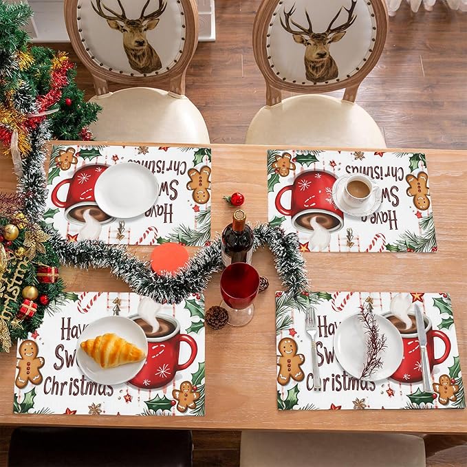 Christmas Placemats Set of 4,Have a Sweet Christmas Placemats Dining Table Mat Set,12x18 Washable Stain Resistant Wipeable Cloth Placemat for Kitchen Buffet Parties