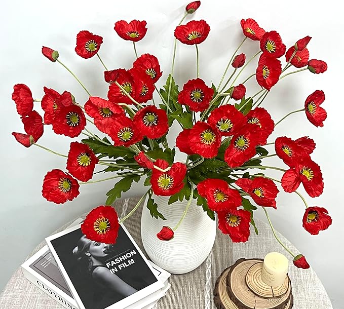 ATFL Red Poppy Flowers Artificial for Wedding Decorations,12 Pcs Fake Faux Silk Poppies Bulk for Home Decor Table Centerpieces Floral Arrangement (23.5‘’, red)