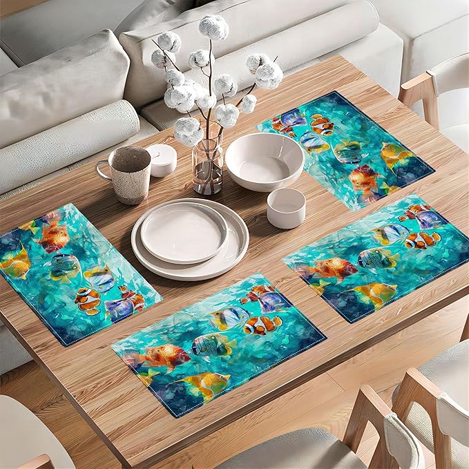 Fishing Placemats Set of 4 Colorful Fish Place Mats Heat Resistant for Dining Table Ocean Animals Fishes Waterproof Washable Table Mats Kitchen Dining Decoration 4 PCS