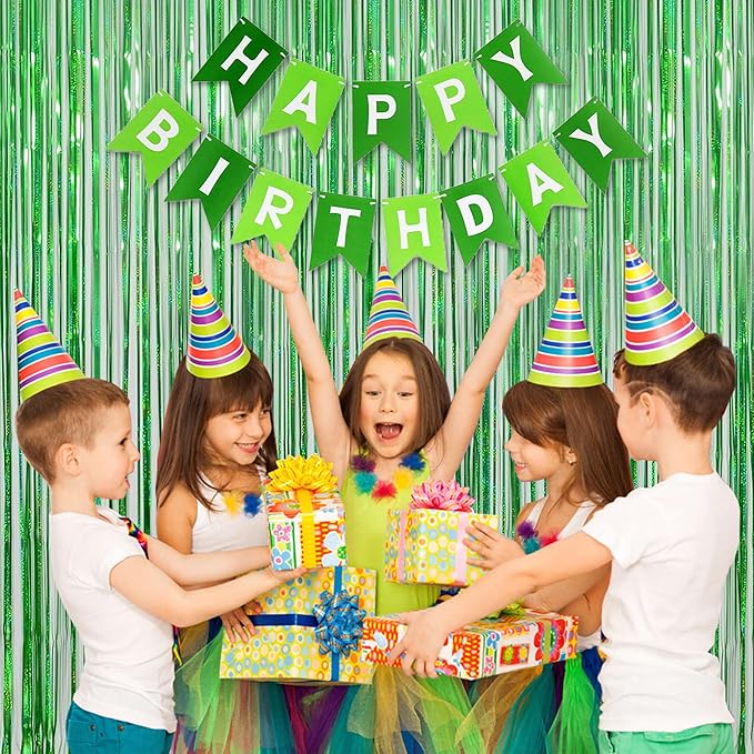 Melsan Foil Curtain Backdrop, 2 Pack 3.2 ft x 8.2 ft Tinsel Foil Fringe Curtains, Sparkle Metallic Foil Fringe Curtains for Christmas Party Decorations Photo Booth Props Decoration, Green