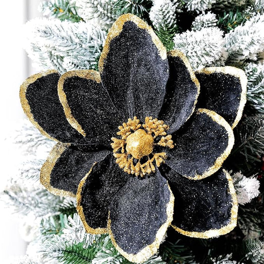 8 Pcs Large Christmas Flower Magnolia Flowers Christmas Tree Decoration Artificial Poinsettia Stems Velvet Xmas Ornaments for Xmas Tree Table Decor(Black,12 Inch)