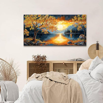 Canvas Art Wall Decor Modern Gold Tree River Landscape Wall Art Print For Bedroom Modern Office Art Prints Sunrise Landscape Print Paintings Pictures Artwork Aesthetic 20 X 40 In