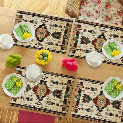Southwestern Placemats Set of 4, Farmhouse Boho Ethnic Place Mats, Rustic Turkish Dining Table Mats, Washable Placemats for Kitchen Dining Room Home Decor 18L'' × 12W''