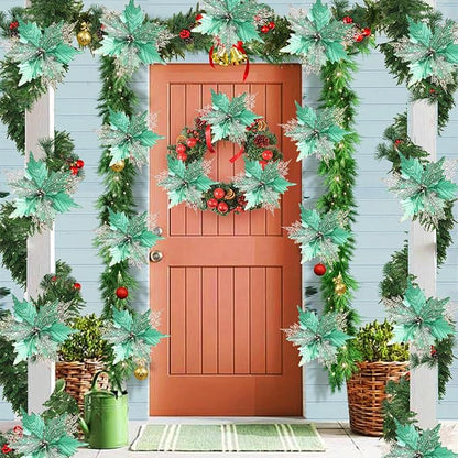 10'' Large Christmas Glitter Poinsettia Flowers Decorations, stadeco 10 Pcs Christmas Tree Picks Ornaments Artificial Flowers with Long Stems for Xmas Tree Wreath Garland Wedding Party DIY Decor