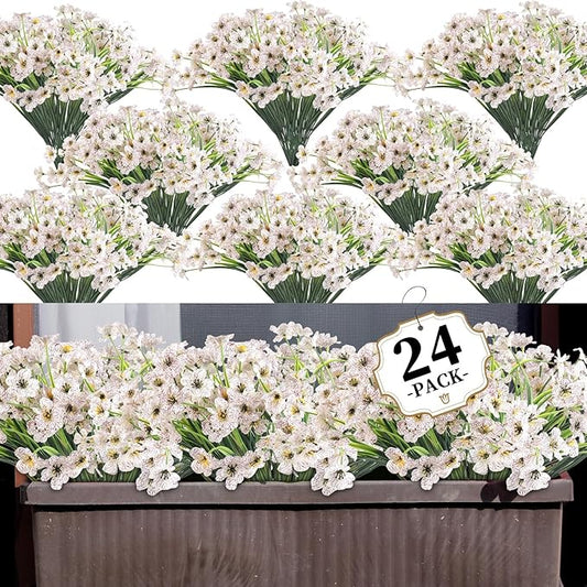 24 White Bundles Artificial Flowers for Outdoors/Indoors Fake Flowers Plants for Indoor Outside Garden Porch Window Box Home Wedding Farmhouse