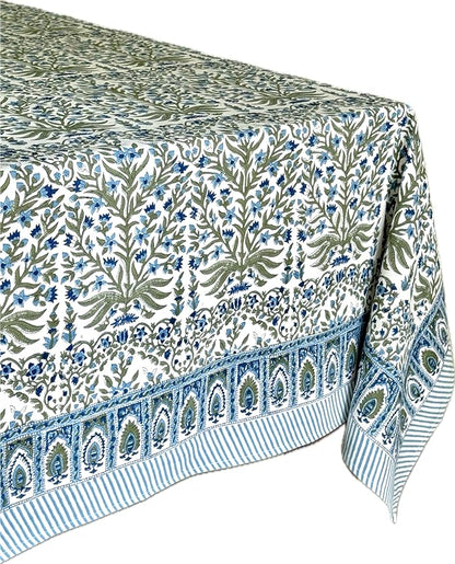 ATOSII Nargis Blue 100% Cotton Rectangle Summer Tablecloth, Indian Block Print Floral Table Cloth I Dining Parties Weddings Outdoors Holidays 60 X 108 Inches 8 Seater I Grandmillennial Farmhouse Boho