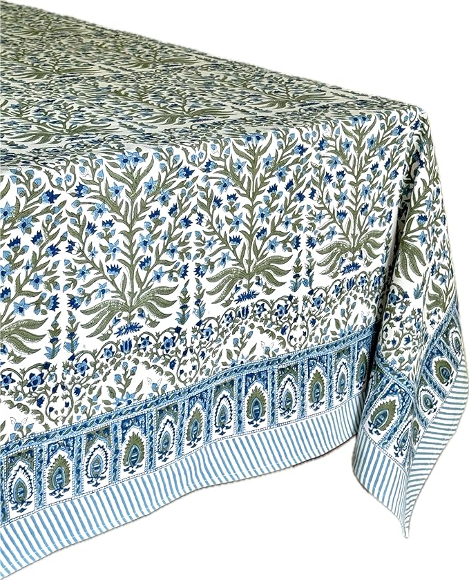 ATOSII Nargis Blue 100% Cotton Rectangle Summer Tablecloth, Indian Block Print Floral Table Cloth I Dining Parties Weddings Outdoors Holidays 60 X 90 Inches 6 Seater I Grandmillennial Farmhouse Boho