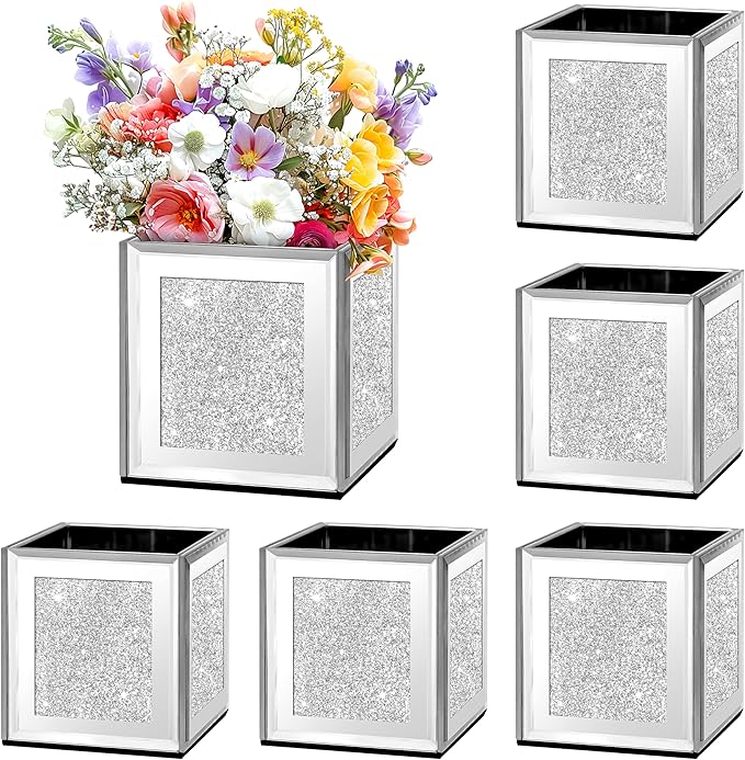 Set of 6 Bling Mirrored Square Glass Vases, 4 x 4 x 4 inches, Silver Flower Vases for Centerpieces Cube Vase Candle Holder for Wedding, Party, Home Office Decoration