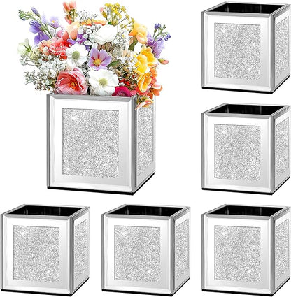 Set of 6 Bling Mirrored Square Glass Vases, 4 x 4 x 4 inches, Silver Flower Vases for Centerpieces Cube Vase Candle Holder for Wedding, Party, Home Office Decoration
