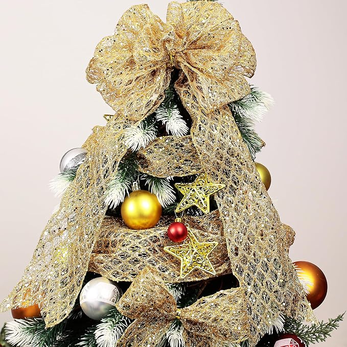 VATIN 2-1/2" Gold Christmas Ribbon, Gold Glitter Mesh Diamond Web Sequin Dots Wired Christmas Ribbon for Gift Wrapping Bow Making Wreath Supply-10 Yards