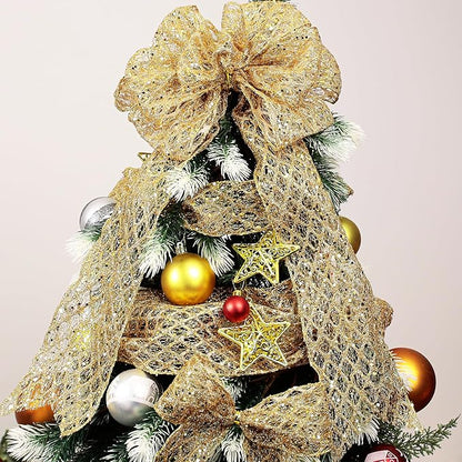 VATIN 2-1/2" Gold Christmas Ribbon, Gold Glitter Mesh Diamond Web Sequin Dots Wired Christmas Ribbon for Gift Wrapping Bow Making Wreath Supply-10 Yards