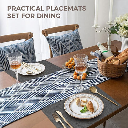 Vinyl Placemats Set of 6, Faux Leather Waterproof and Heat Resistant Place Mats, Washable Anti-Slip Table Mats with Coaster, Wipeable Placemats for Indoor & Outdoor 17" x 12" (Black, Set of 6)