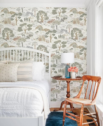 Erfoni 16.9"x197" Boho Forest Peel and Stick Wallpaper Green/Brown/White Contact Paper Forest Self Adhsive Peel and Stick Contact Paper DIY Removable Wallpaper for Bedroom Kids Nursery Decor