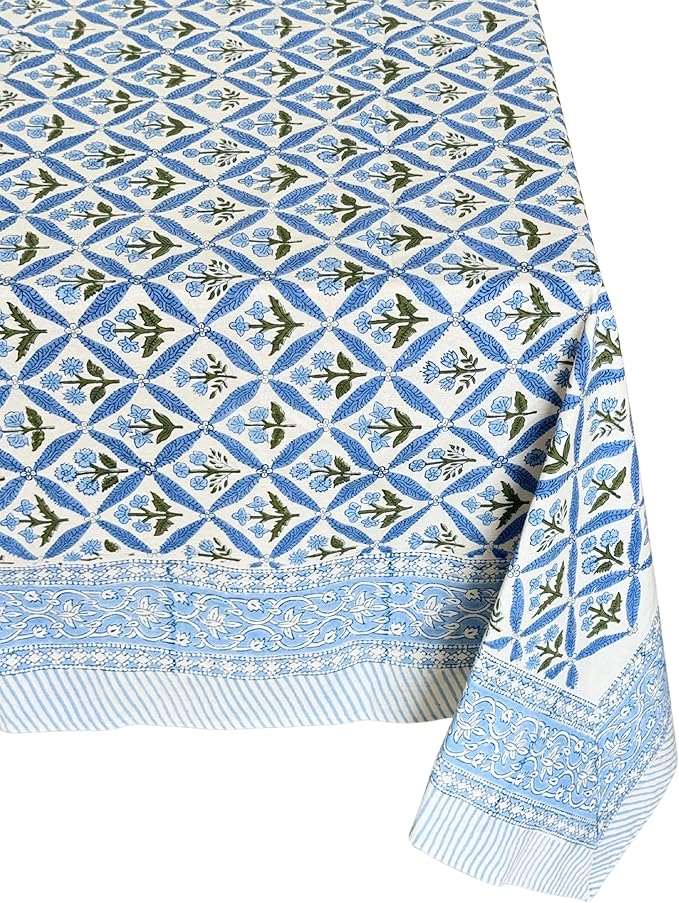 ATOSII Netta Blue 100% Cotton Rectangle Summer Tablecloth, Handblock Floral Print Linen Table Cloth for Kitchen Dining I Parties, Weddings, Outdoors, Decor 60 X 90 Inches, 6 Seater