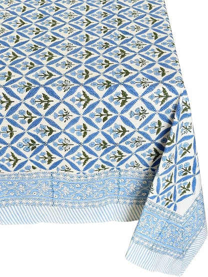 ATOSII Netta Blue 100% Cotton Rectangle Summer Tablecloth, Handblock Floral Print Linen Table Cloth for Kitchen Dining I Parties, Weddings, Outdoors, Decor 60 X 90 Inches, 6 Seater