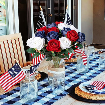 SITUMEIZI 15PCS 4th of July Flowers Roses Artificial Silk Flowers Patriotic Fake Bouquet with Long Stem for Independence Day Home Decor Bouquets Party Table Centerpiece(Mix,3)