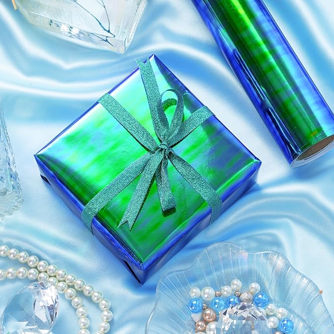 LeZakaa Holographic Wrapping Paper Roll - Bluish Green Design for Birthday, Christmas, Valentine's, Mother's Day, Holiday - 17 inches x 32.8 Feet (47.23 sq.ft.)