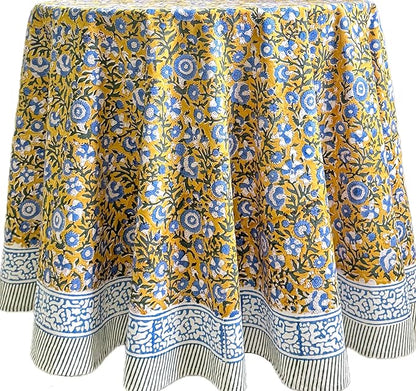 ATOSII Marigold Blue100% Cotton Round Tablecloth, Block Print Floral Table Cloth for Dining, Parties, Weddings, Outdoors, Holidays I 90" Inches, 6 Seater I Grandmillennial Farmhouse Spring Summer Boho