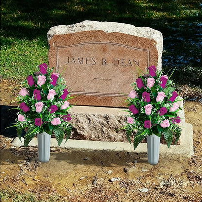 Artificial Cemetery Flowers - Set of 2 Grave Memorial Rose Flowers with Vase for Cemetery Headstones Gravesites Decoration (Purple & Pink)