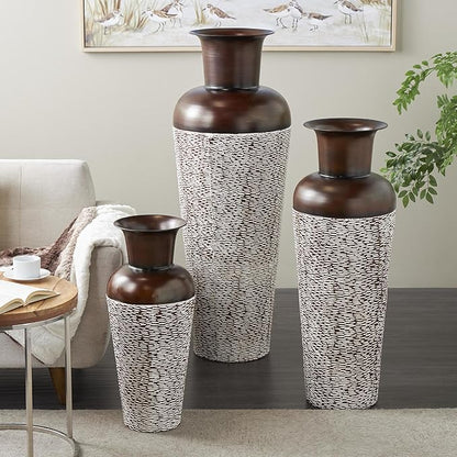 Deco 79 Metal Decorative Vase Tall Spotted Tapered Floor Centerpiece Vases with Brown Trumpet Tops, Set of 3 Flower Vases for Home Decoration 18", 39", 28" H, White