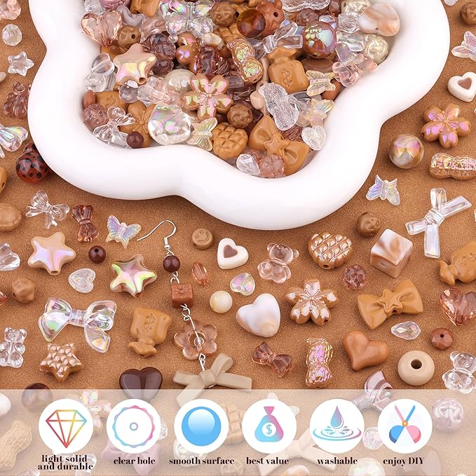 Assorted 200-260PCS Brown Acrylic Beads for Bracelet Making, Flower Bow Candy GummyBear Bracelet Charms,Cute Beads for Jewelry Making DIY Necklace Keychain Phone Charm Christmas Gift