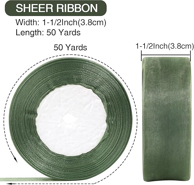 1-1/2 Inch x 50 Yards Sheer Organza Ribbon Chiffon Ribbon for Gift Wedding Flower Bouquet Wrapping Decorations Crafts (Sage Green)