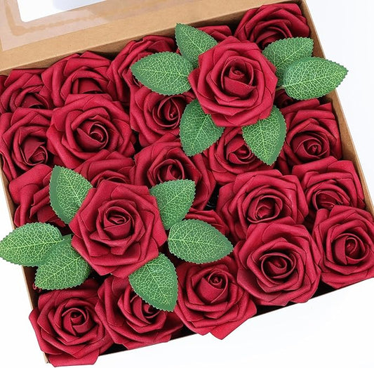 50pcs Artificial Flower，Real Touch Foam Roses w/Stem DIY for Wedding Bouquet Centerpieces Party Shower Home Decor-Dark red