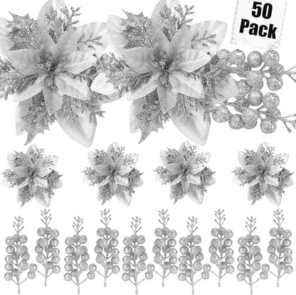 50pcs Glitter Poinsettia Christmas Ornaments, Artificial Flowers with Clips Stems for DIY Wreath Making, Holiday Home Party Decorations, Indoor Use (Sliver)
