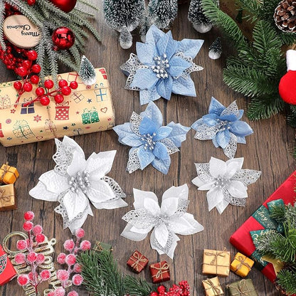 Boao 24 Pieces Christmas Artificial Glitter Poinsettia Flowers Xmas Flowers Wedding Christmas Tree New Year Ornaments (Sky Blue and Silver)