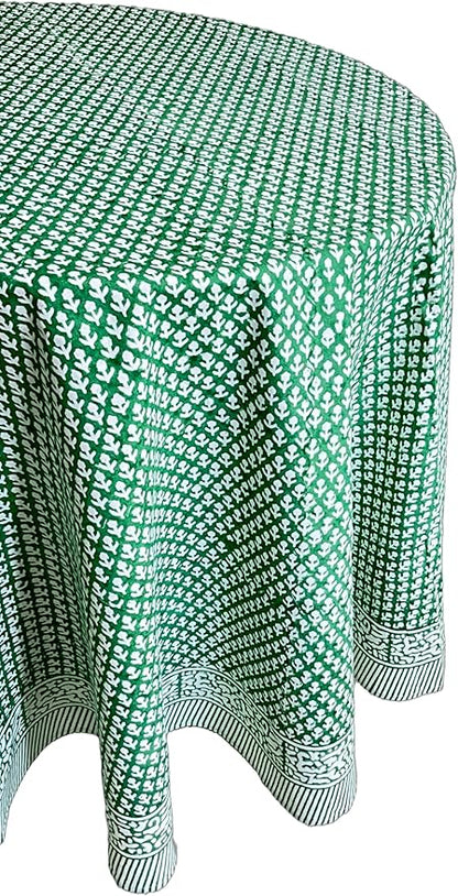 ATOSII Queen Green 100% Cotton Round Tablecloth, Handblock Print Floral Table Cloth for Kitchen Dining Linen I Parties, Weddings, Outdoors, Christmas, Thanksgiving I Fall Home Decor 60" Inches Round