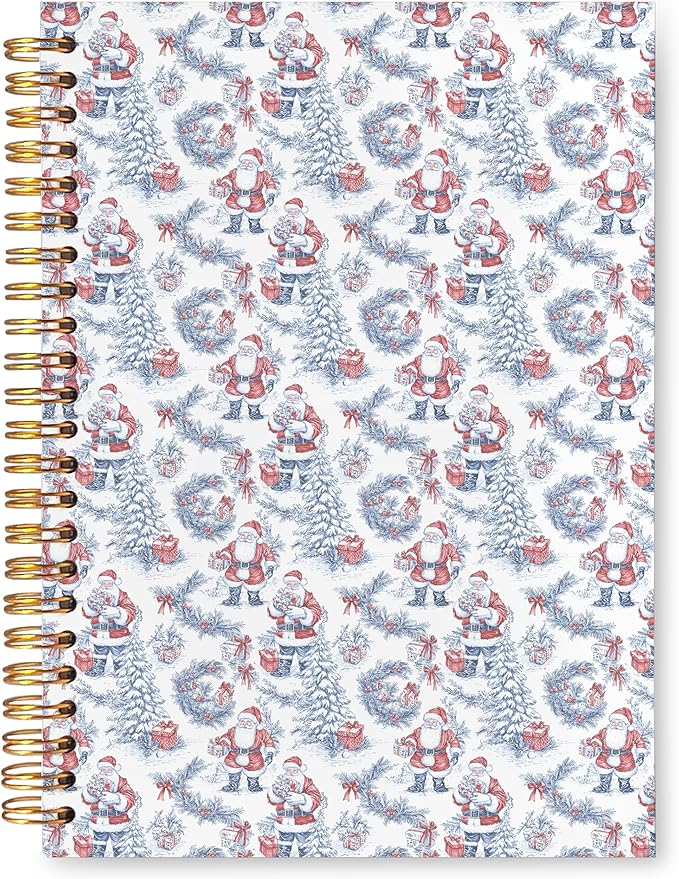 VIIJJUE Blue and White Chinoiserie Christmas Santa Notebook for Women, Vintage French Country Toile de Jouy Journal, Xmas Red Santa Holiday Hardcover Spiral Notebooks, 5.5x8.3 Inch-04